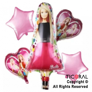 SET DE GLOBOS METALIZADO BARBIE CORAZONES 5 UNIDADES X 1